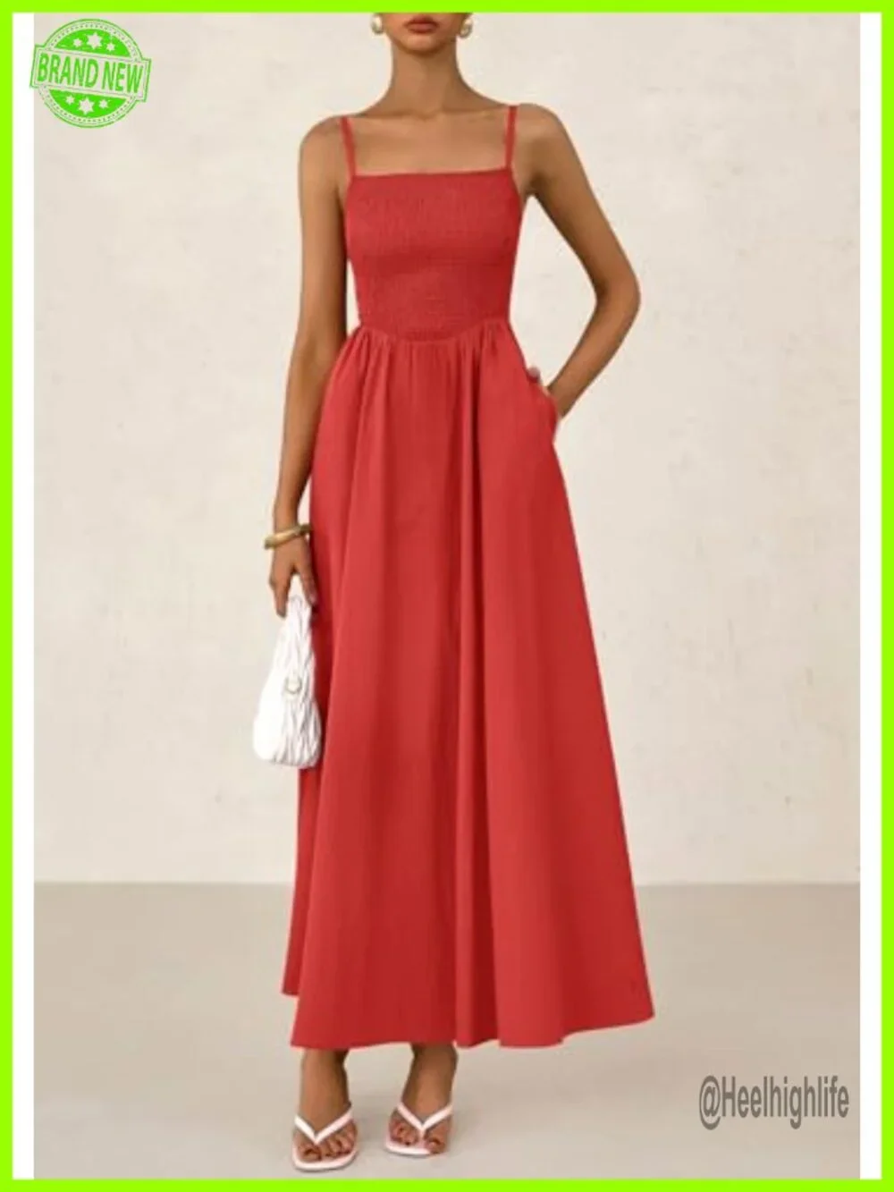 Smocked Maxi Dress with Pockets Spaghetti Strap A-Line Beach Sundress - Picture 4 of 6